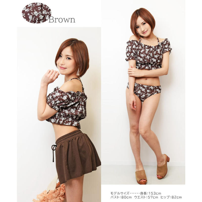 公式 特価 ブラウン バラ花柄オフショルパフ袖ビキニ水着3点セット オフィシャル通販 V2 Lareviewofbooks Org