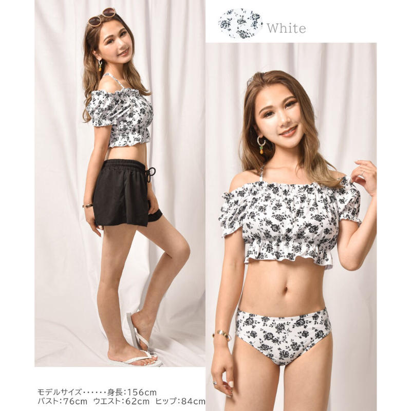 Am04 3点セット白抜きバラ花柄オフショルパフ袖ビキニ水着 Amusa
