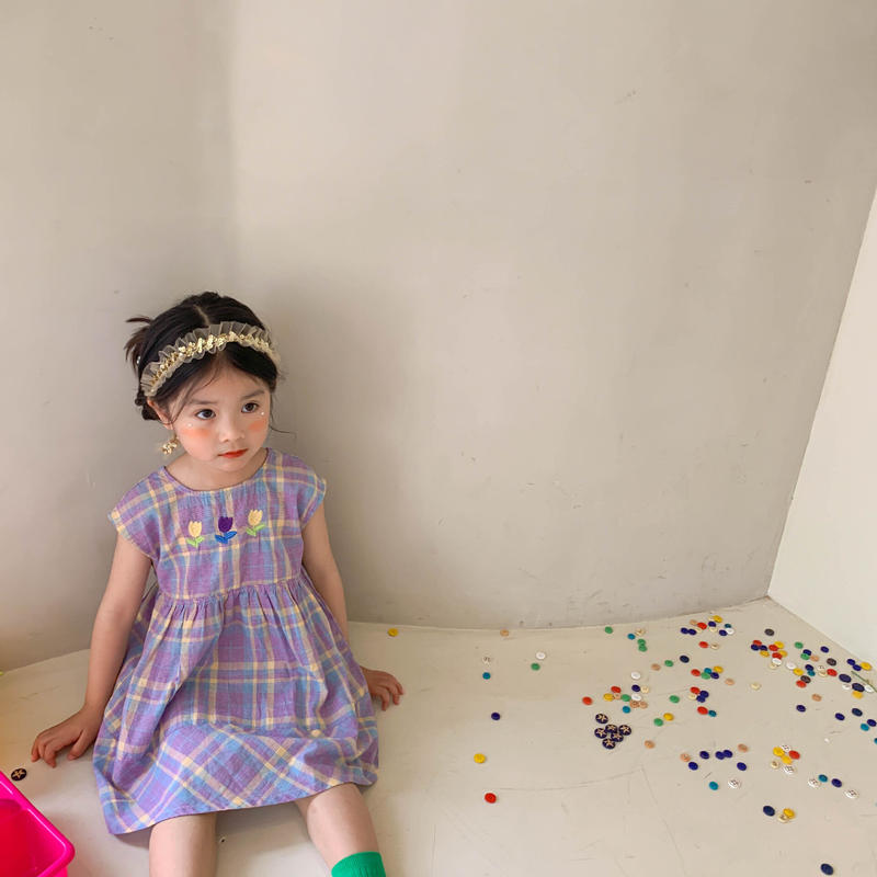2color チューリップ刺繍チェックワンピース 1638 こどもふく Moco Kids