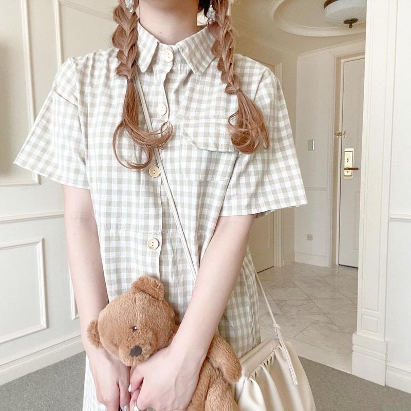 ギンガムチェックシャツワンピース Merrylatte 低身長コーデ 韓国ファッションの通販