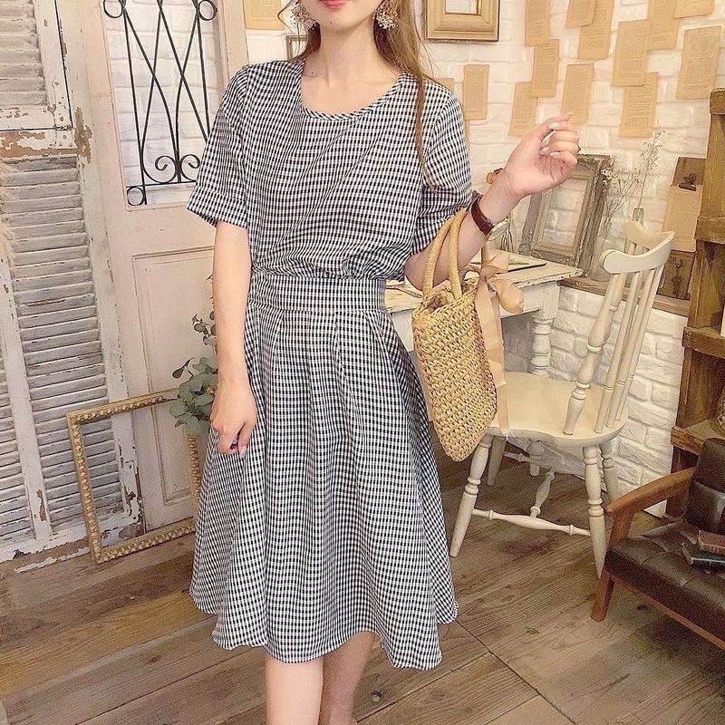 バックオープンギンガムチェックワンピース Merrylatte