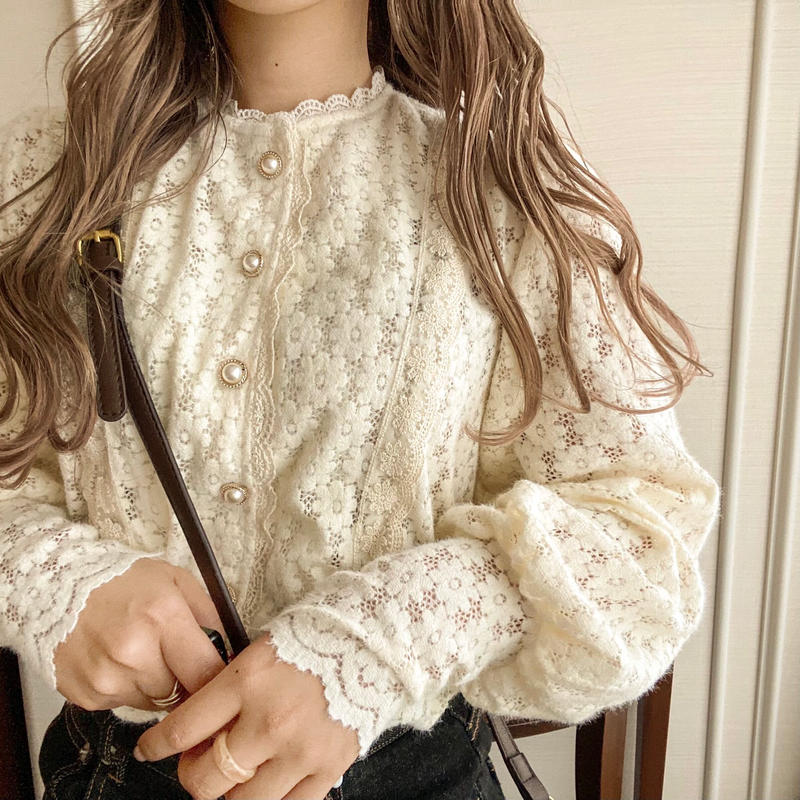 フラワーレースカーディガンブラウス Merrylatte 低身長コーデ 韓国ファッションの通販