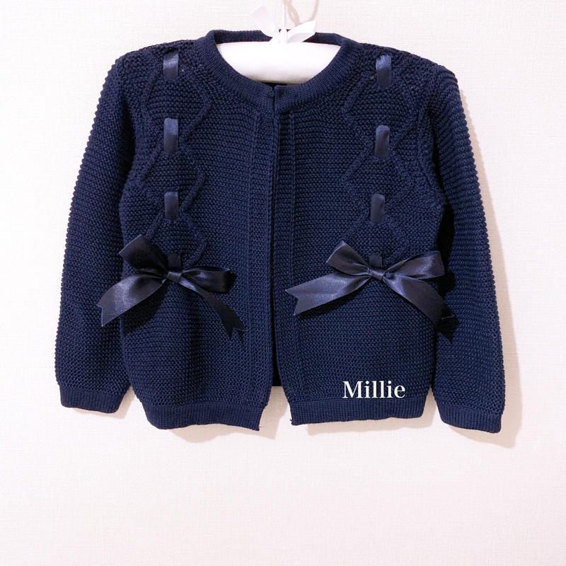 Lala Blue ネイビー リボン コットン カーディガン Millie