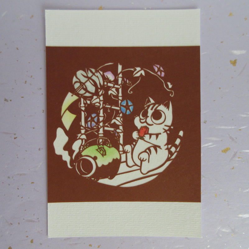 切り絵ポストカード 夏丸 Mimiねこ