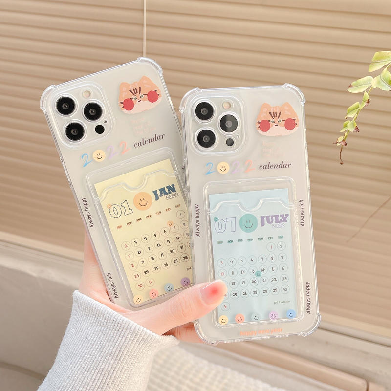 22年カレンダー付 カード収納 Iphoneケース 透明 可愛い 四角耐衝撃 Iphone