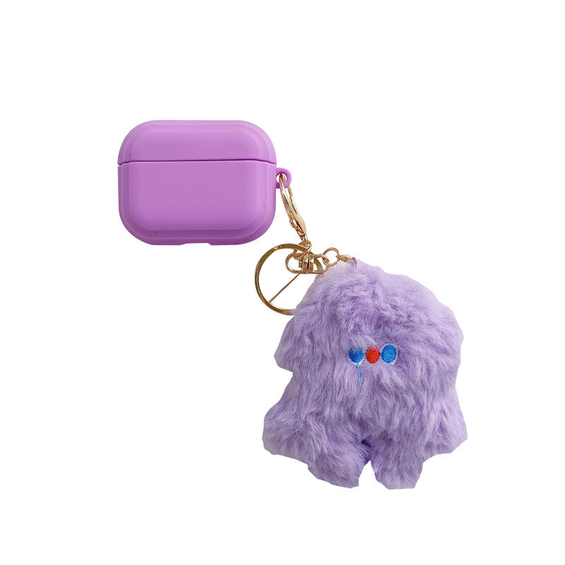 ふわふわ ぬいぐるみ付 Airpodsproケース パープル Airpodsカバー 可愛い