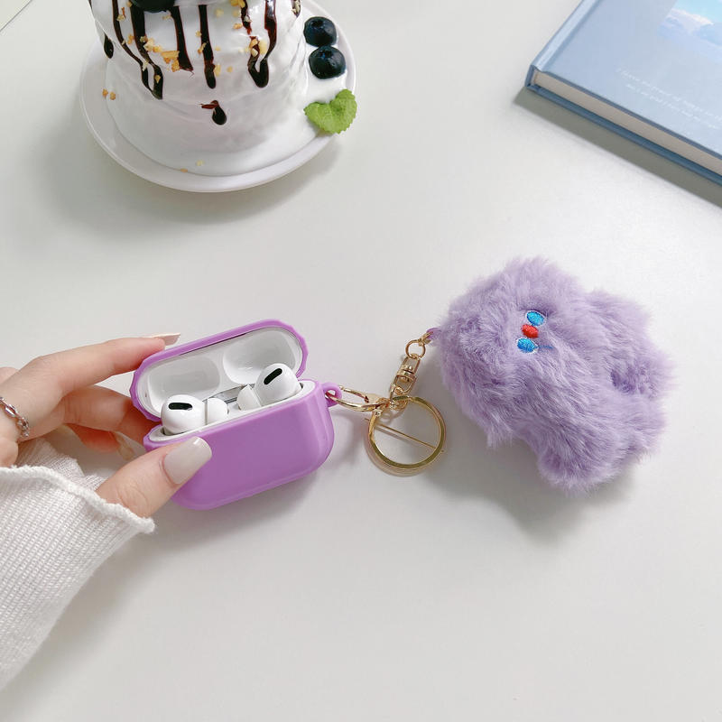 ふわふわ ぬいぐるみ付 Airpodsproケース パープル Airpodsカバー 可愛い