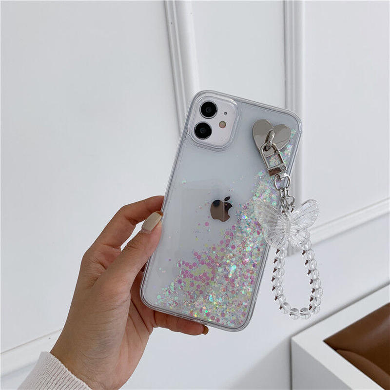 ラメ入り液体グリッター Iphonese2 12ケース 蝶ストラップ付 透明アイフォン11 ラメ入り液体グリッター Iphonese2 12ケース 蝶ストラップ付 透明アイフォン11