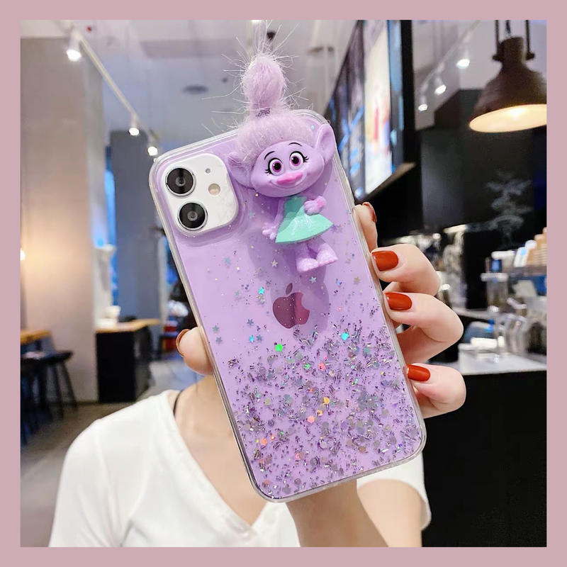 トロール人形が付いたiphone12pro 11ケース キラキラ オシャレ立体感 Troll