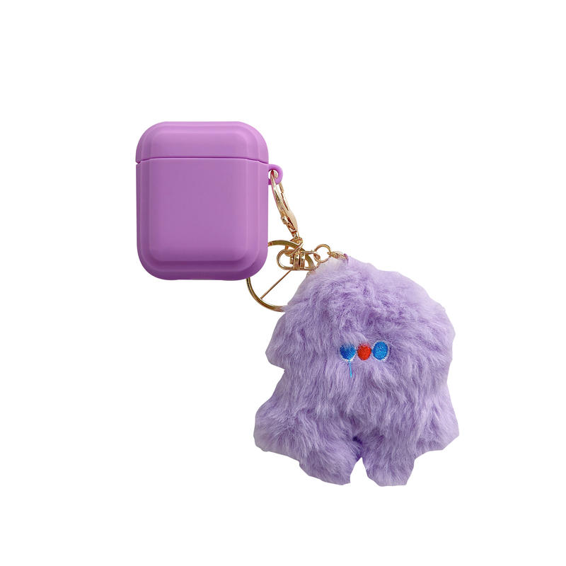 ふわふわ ぬいぐるみ付 Airpodsproケース パープル Airpodsカバー 可愛い