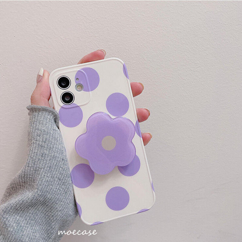 紫色花スマホグリップ Iphone12 11ケース 水玉模様 Iphonese2 Xs