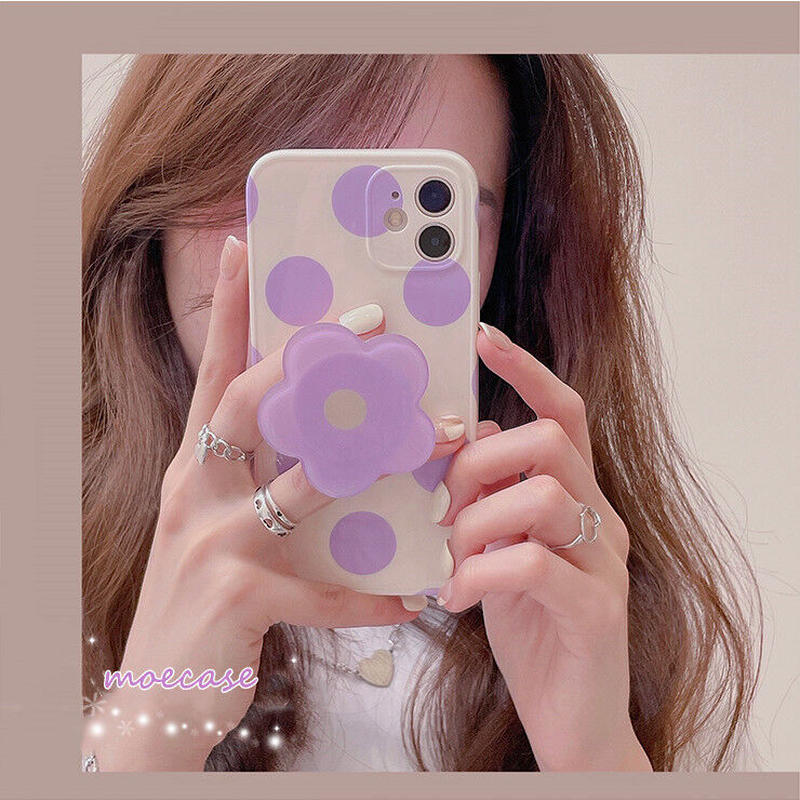 紫色花スマホグリップ Iphone12 11ケース 水玉模様 Iphonese2 Xs