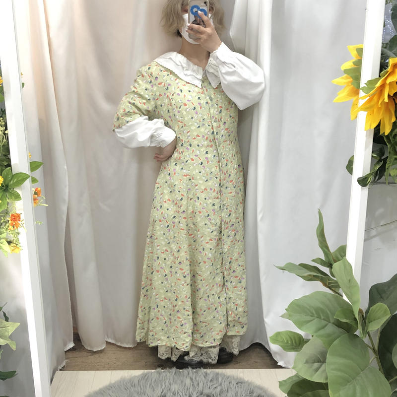 ライトグリーン花柄ワンピース Igt1595 古着屋mumu