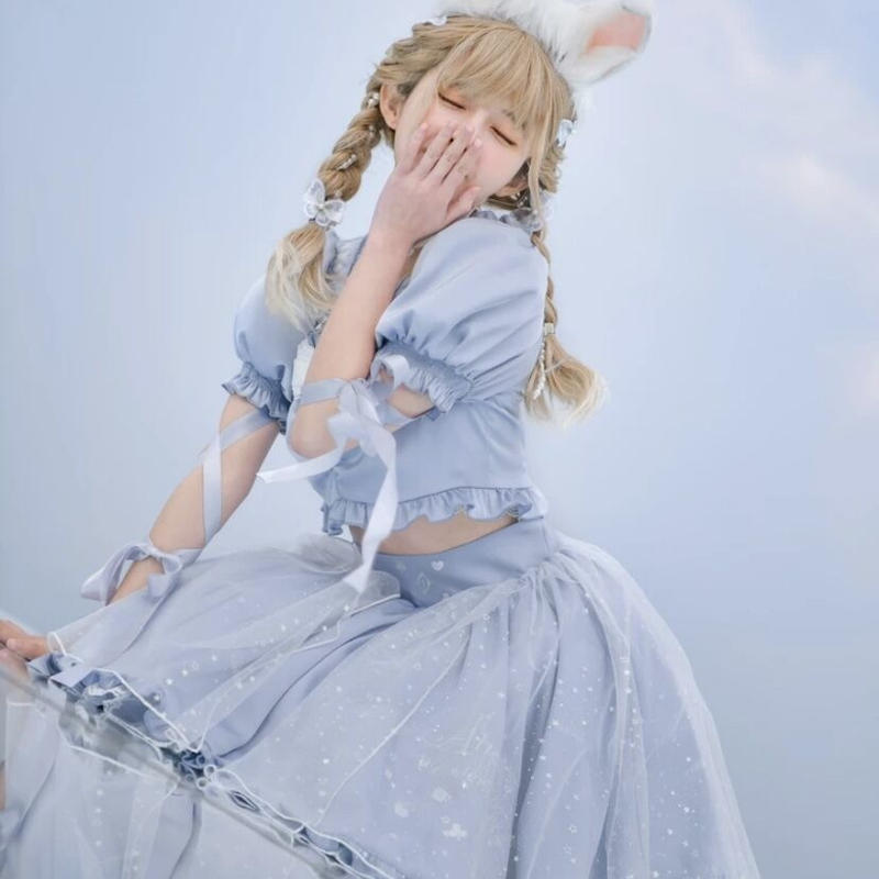 お取り寄せ 森女部落 ディズニー公認 不思議の国のアリス編み上げお袖セットアップ はれあめ