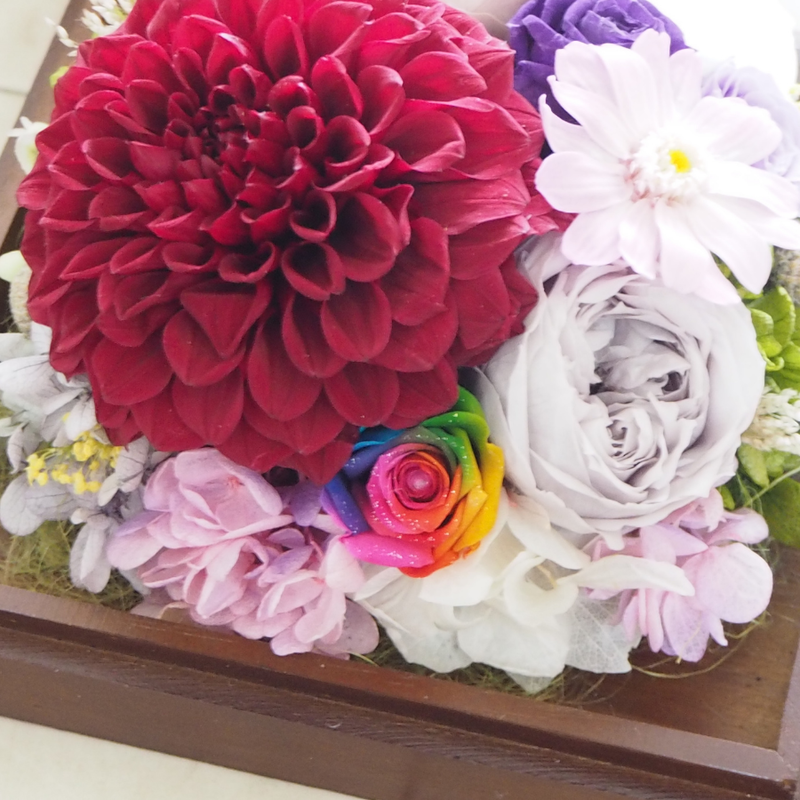 プリザーブドフラワー ダリア レインボーローズ ゴールドフレームボックス ダリアプリザーブドフ