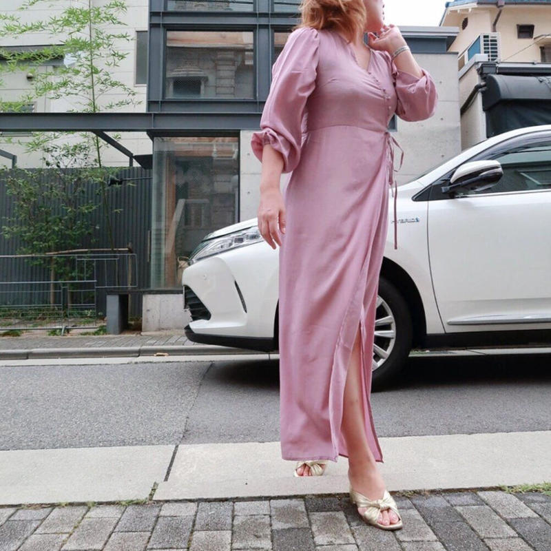 長袖サテンカシュクールワンピース ピンク Huntress
