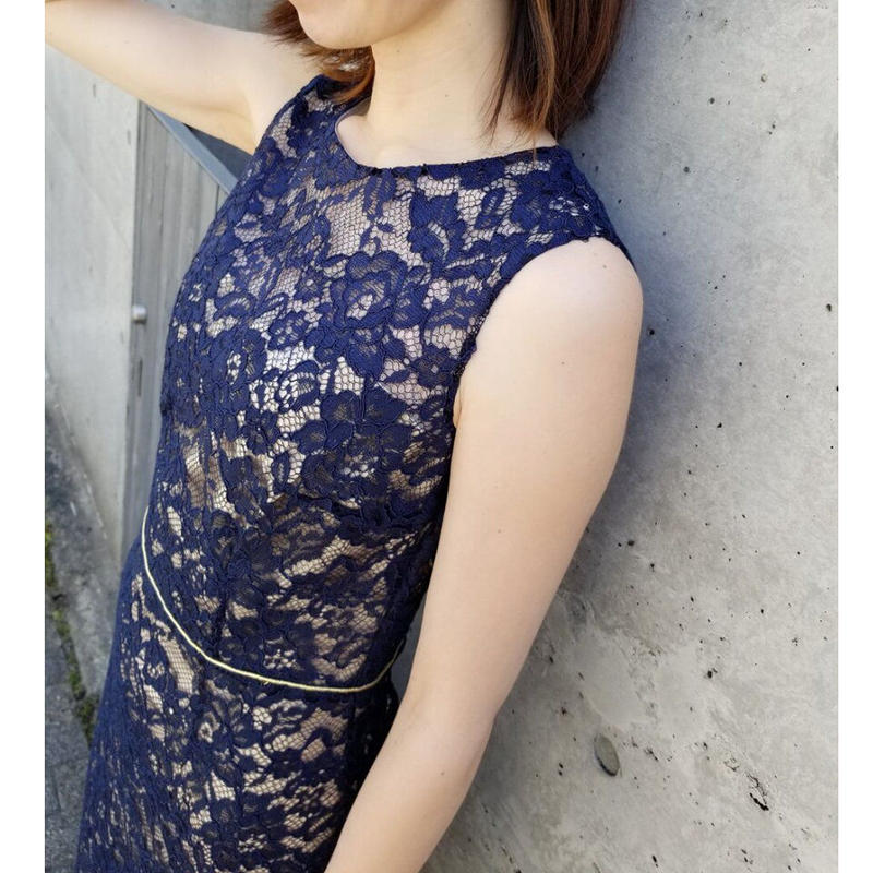 総レースノースリーブワンピース ネイビー Huntress