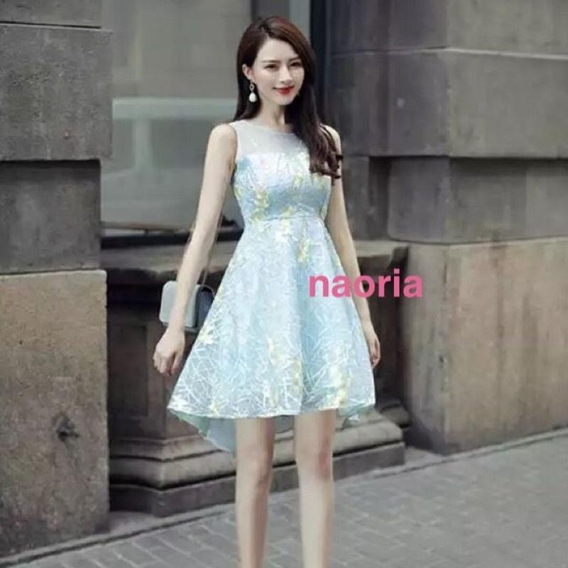 即納 水色シースルーフラワー刺繍ワンピース Naoria