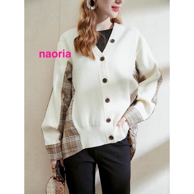即納 チェックシャツドッキングｖネックニットカーディガン Naoria