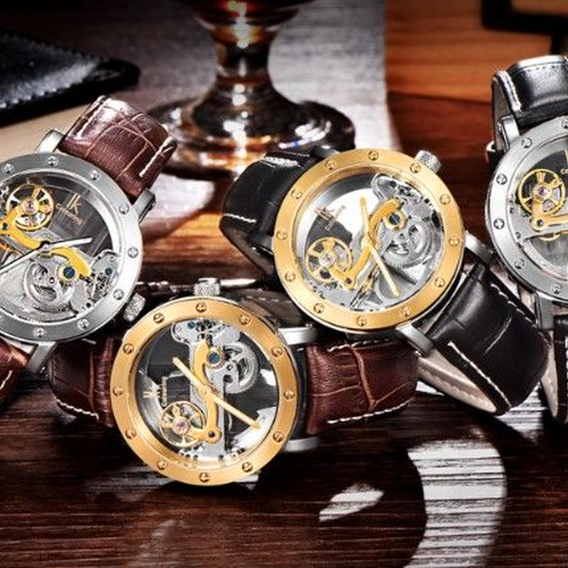 Ik Colouring 自動巻き 機械式腕時計 メンズ スケルトン トゥールビヨン風 レザ