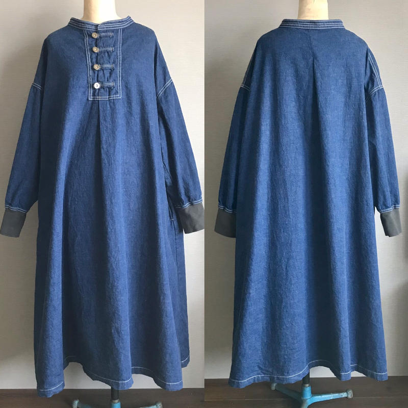 カンフーワンピース コバルトブルー 8ozヨコ糸グレーデニム Nuu Garment F