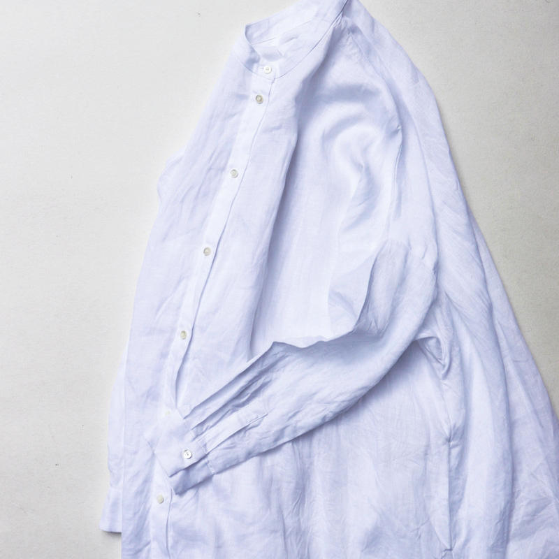 スタンドカラーワンピースリネン 白 Nuuno