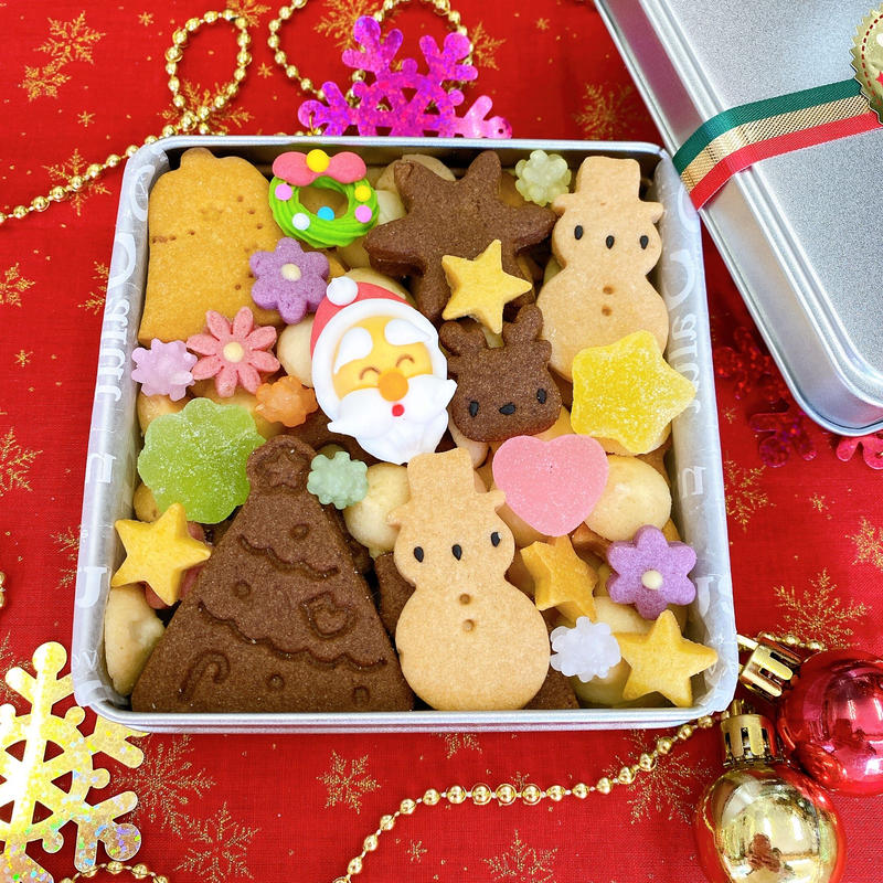 クリスマスクッキー缶 Lサイズ 四角缶 浅型 おかしの家
