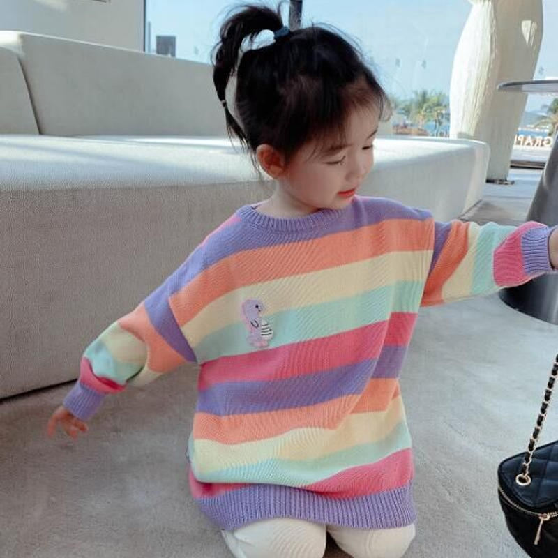 虹ワンピース 子供セーター ボーダー 秋冬キッズ 韓国ファッション 子供服 子供服 トップス