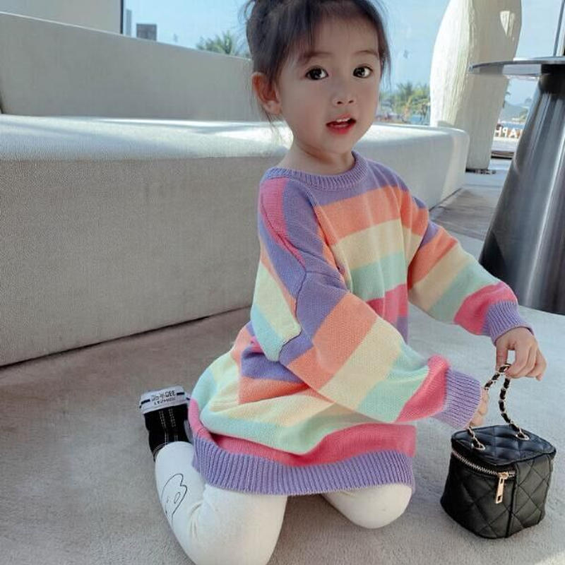 虹ワンピース 子供セーター ボーダー 秋冬キッズ 韓国ファッション 子供服 子供服 トップス