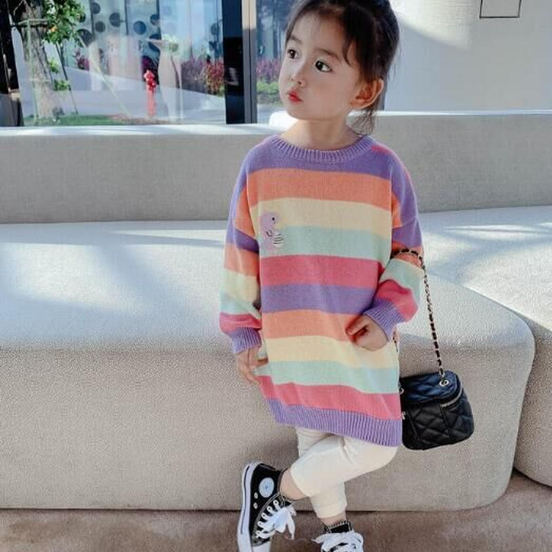 虹ワンピース 子供セーター ボーダー 秋冬キッズ 韓国ファッション 子供服 子供服 トップス