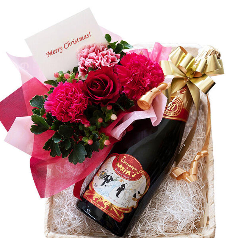 誕生日ギフト シャンパンとお花のギフト マキシム ド パリ ブリュット 赤い薔薇の生花 誕生日ギフト シャンパンとお花のギフト マキシム ド パリ ブリュット 赤い薔薇の生花