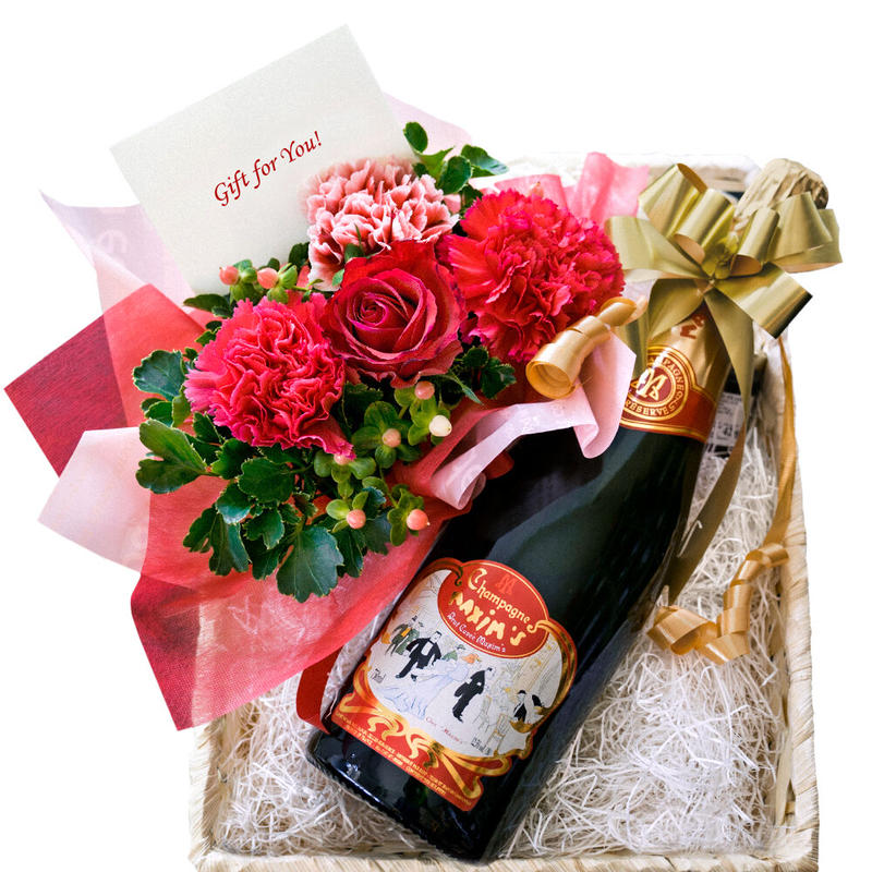 誕生日ギフト シャンパンとお花のギフト マキシム ド パリ ブリュット 赤い薔薇の生花