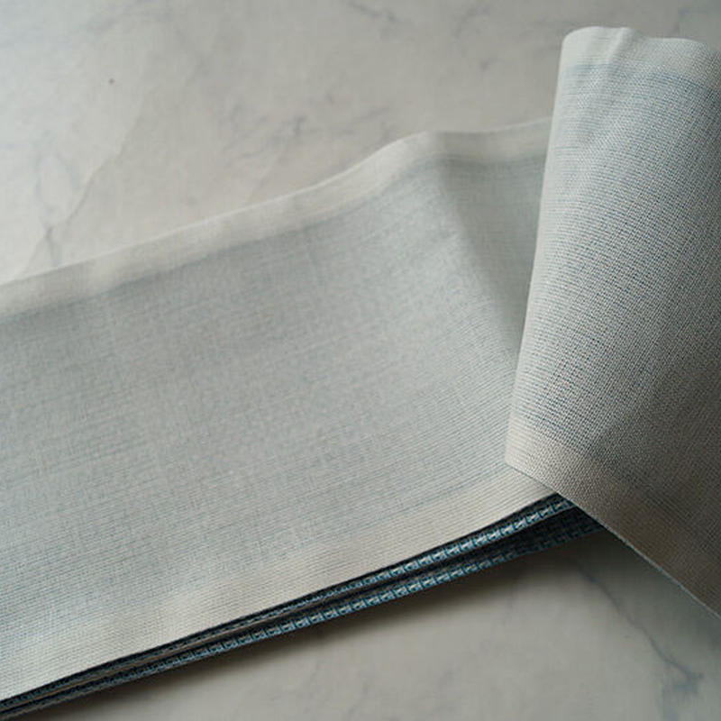 半幅帯 水色 白 青緑色 織り柄 麻半幅帯 Oyamakimono