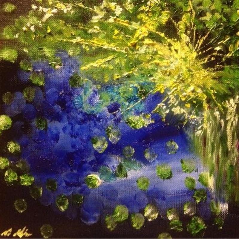 開運絵画 水辺にて 油絵 月の道 三須絵月