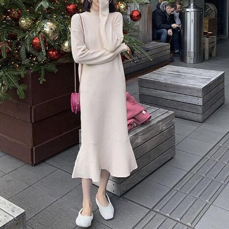 予約 ボトルネックロングマーメイドニットワンピース Pbselect