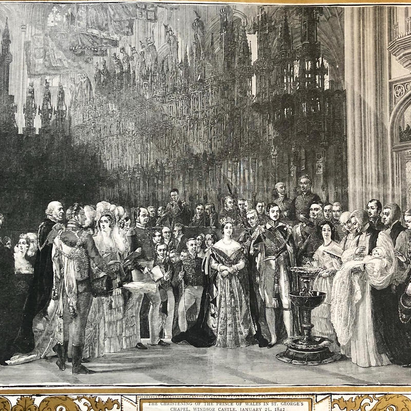 ｒ 8 17年 ヴィクトリア女王 アルバート公の大判アンティークプリント 洗礼式 金彩