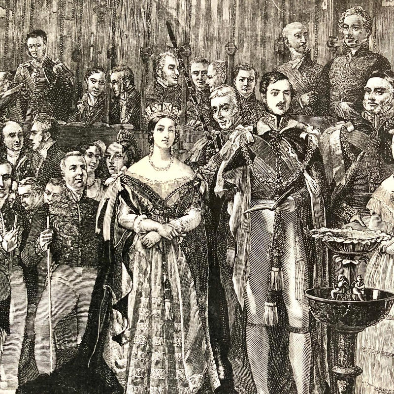 ｒ 8 17年 ヴィクトリア女王 アルバート公の大判アンティークプリント 洗礼式 金彩