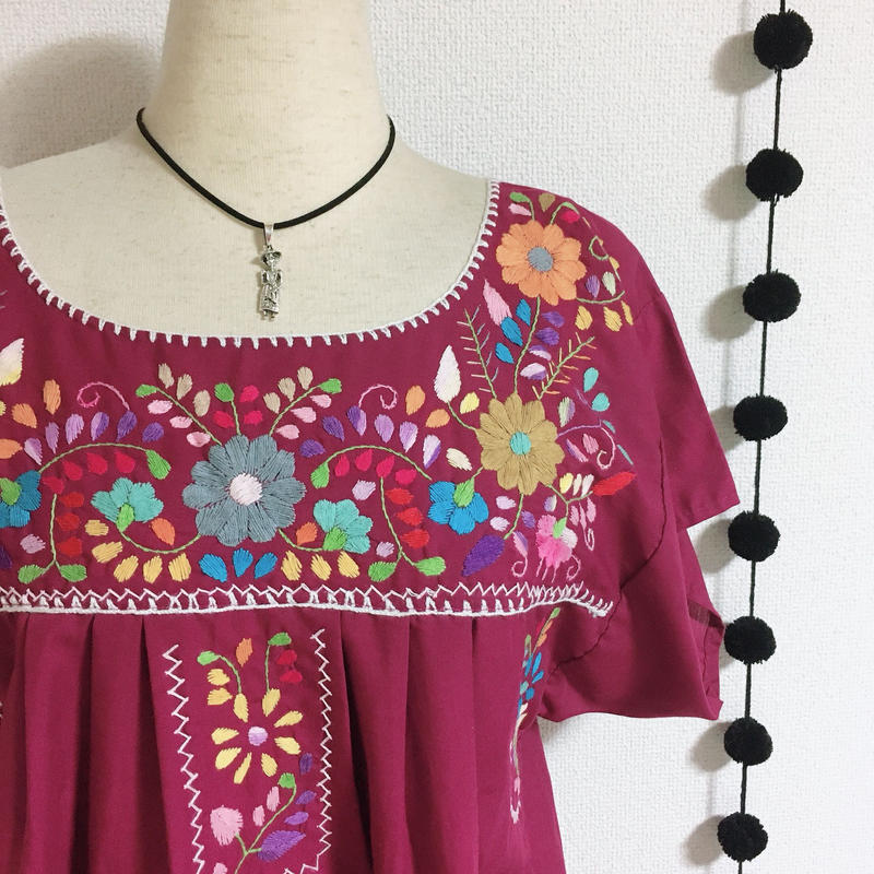 メキシコ 刺繍ワンピース ボルドー Pocomono