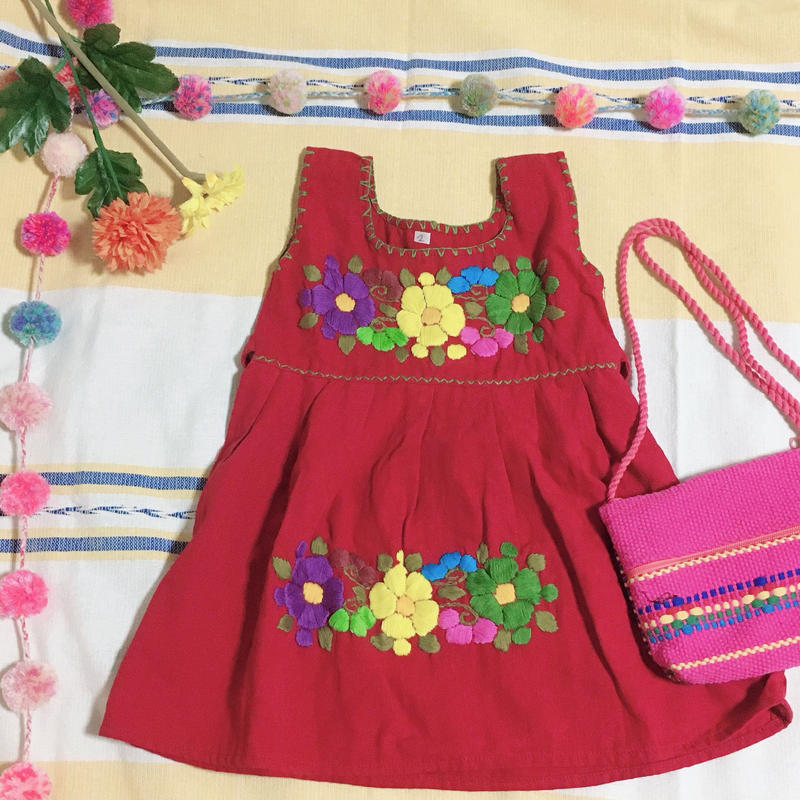 メキシコ 刺繍ワンピース キッズ レッド Pocomono
