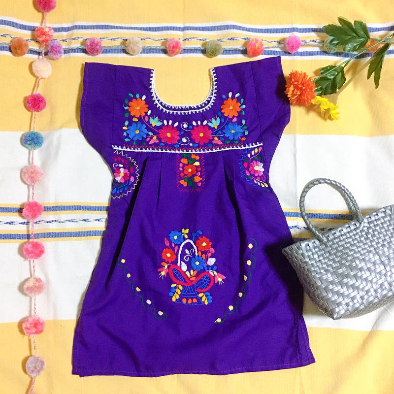 メキシコ 刺繍ワンピース キッズ パープル Pocomono
