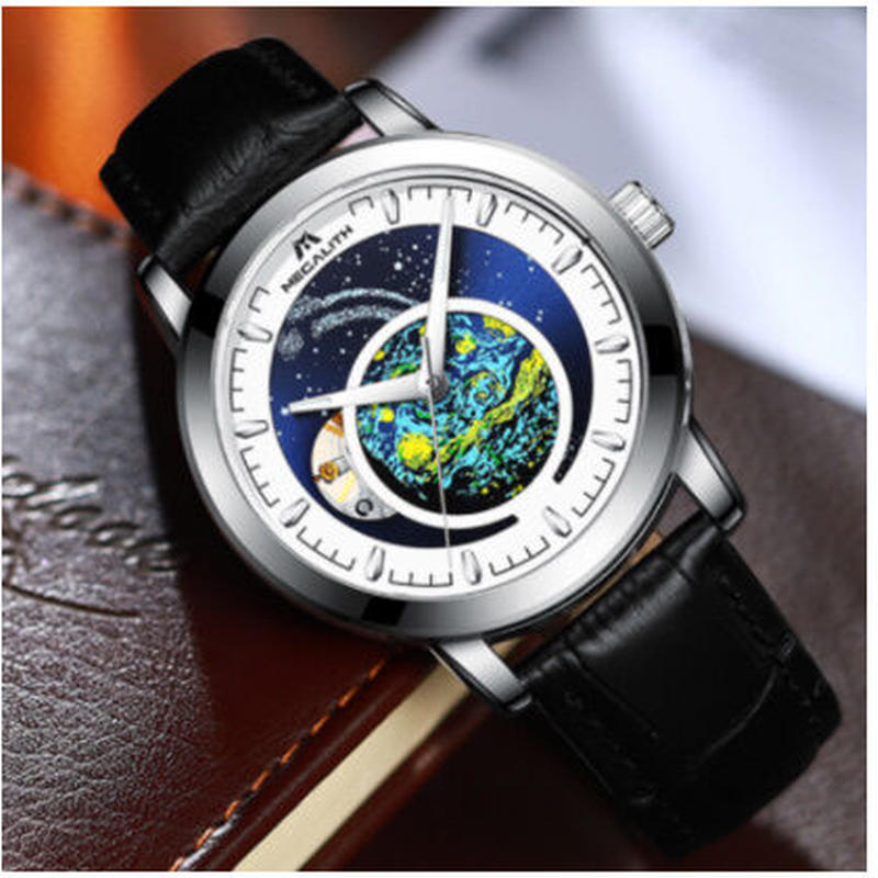 Megalith ロマンチックな文字盤 メンズ腕時計 自動巻き レザーベルト 機械式 防水 高