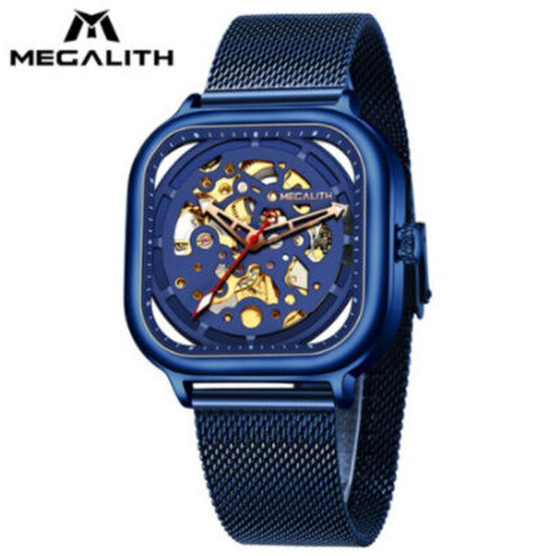 海外ブランド Megalith 正方形の文字盤 スケルトン 自動巻き メンズ腕時計 機械式