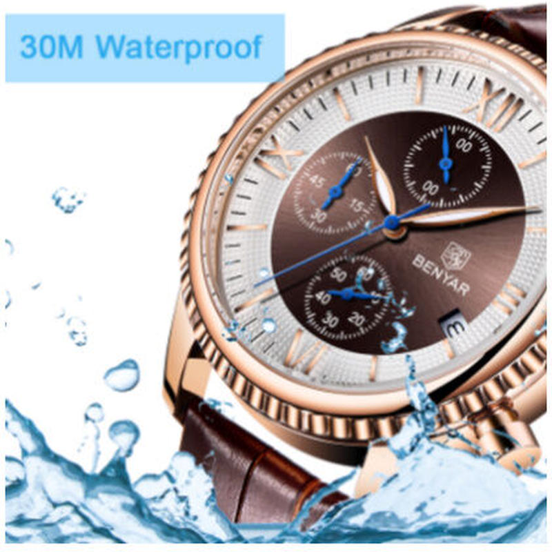 Benyar クロノグラフ メンズ腕時計 本革ベルト 防水 クォーツ 日付表示 高級 海外