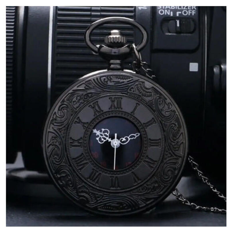 懐中時計 ヴィンテージ デザイン ブラック ユニセックス ファッション ローマ数字 クォーツ