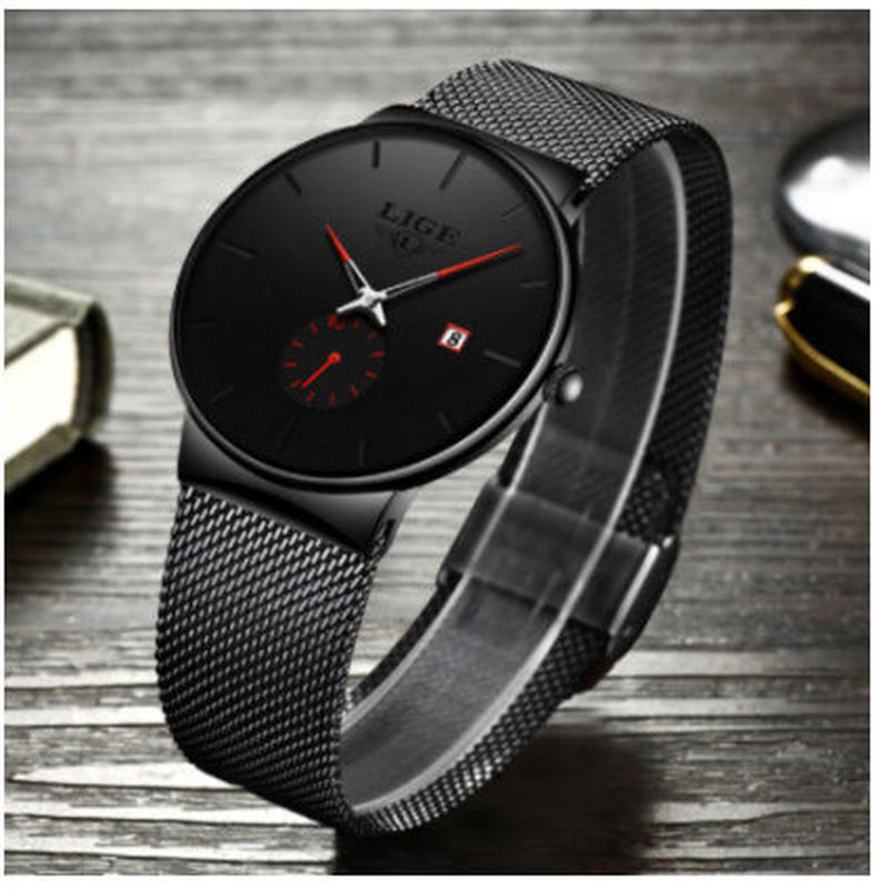 Lige 腕時計 メンズ 薄い クォーツ 防水 日付表示メッシュベルト ステンレス 海外トップ