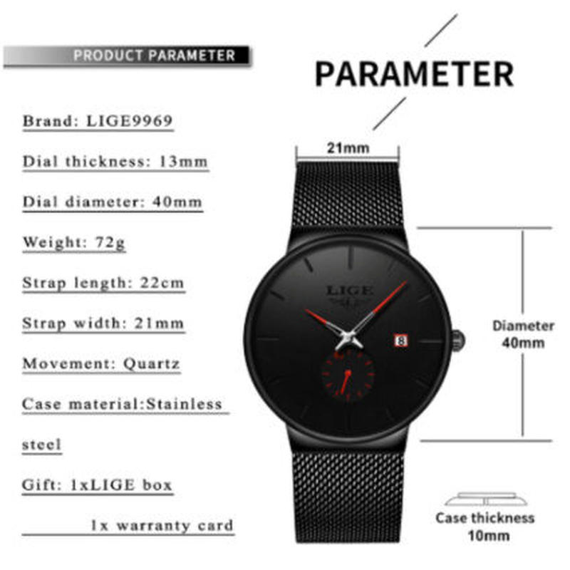Lige 腕時計 メンズ 薄い クォーツ 防水 日付表示メッシュベルト ステンレス 海外トップ