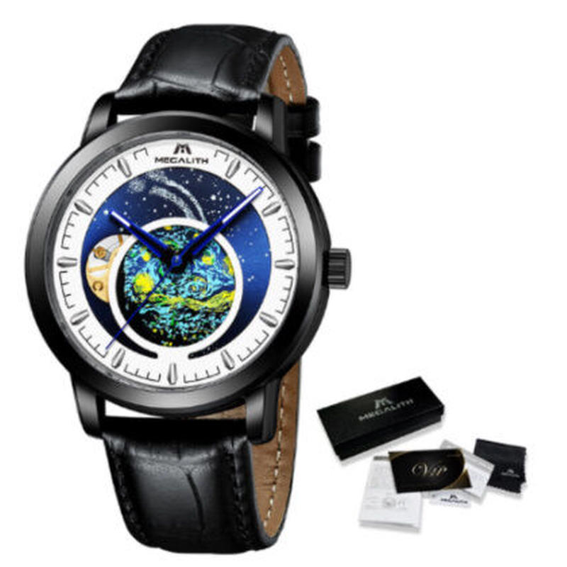 Megalith ロマンチックな文字盤 メンズ腕時計 自動巻き レザーベルト 機械式 防水 高