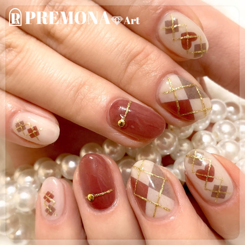 5枚セット アーガイルネイル レッド ブラウン Set30 34 Premon