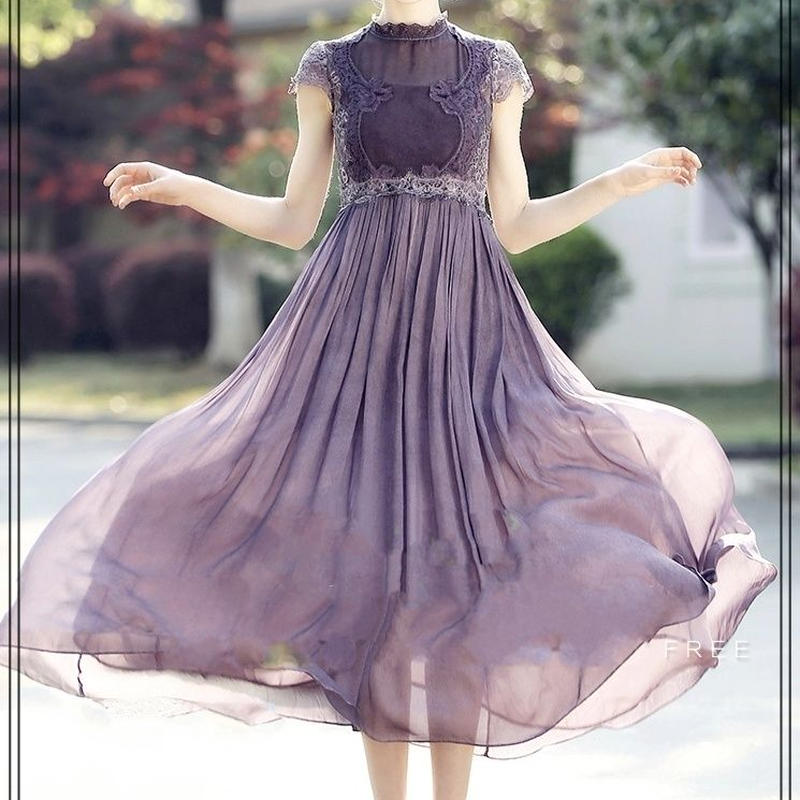 プリーツ 刺繍 ハイウエスト ワンピース シフォン ドレス Reflet