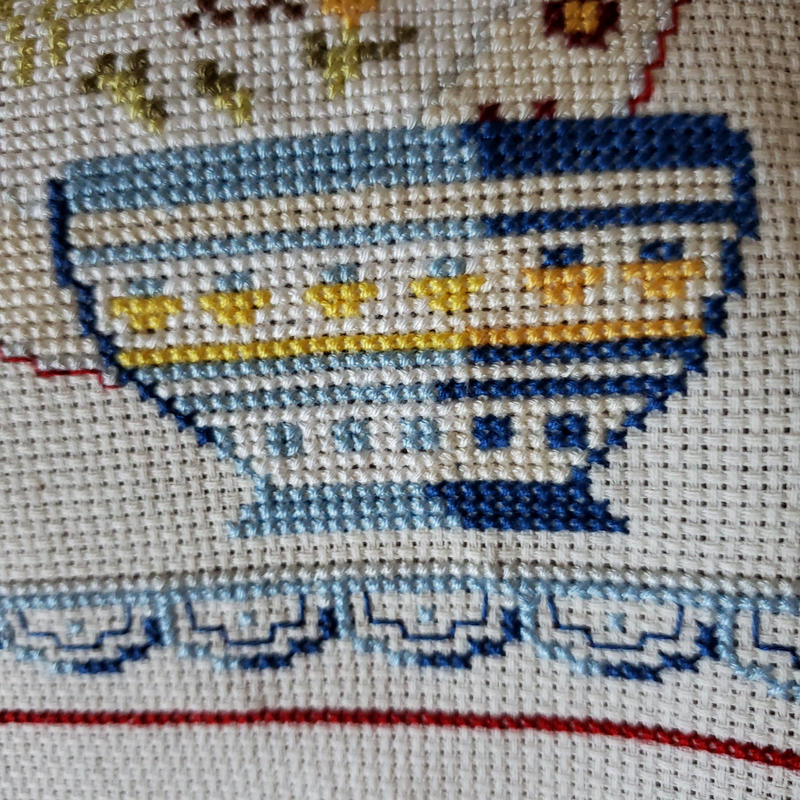 ポットやボウルのクロスステッチ リボンときどきネコ